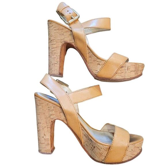 Michael Kors Ivana Sandals Women's 7 Tan Leather Strappy Cork High Heel - Picture 1 of 5